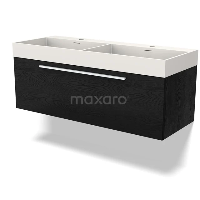 Black wooden bathroom unit with double white vanity units with basin, sleek design and spacious drawer for stylish bathroom storage.