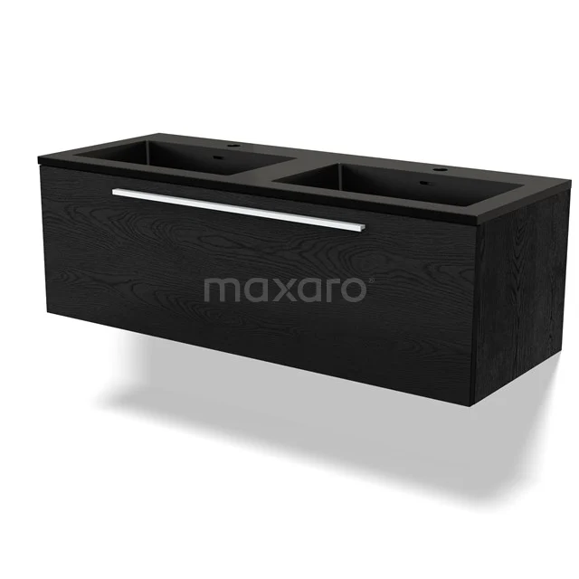 Black wooden Bathroom unit with double basin, modern design and metal handle, ideal for spacious bathrooms.