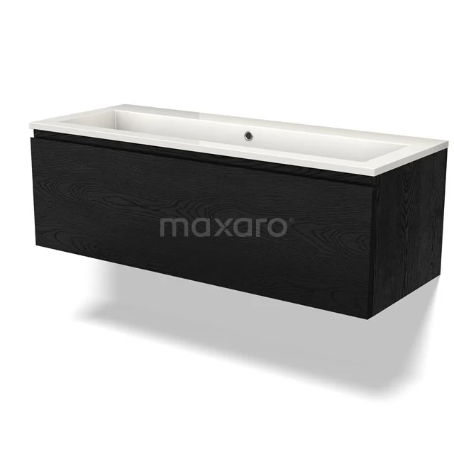 Black wooden vanity unit with white ceramic sink, modern design, ideal for stylish bathroom design.