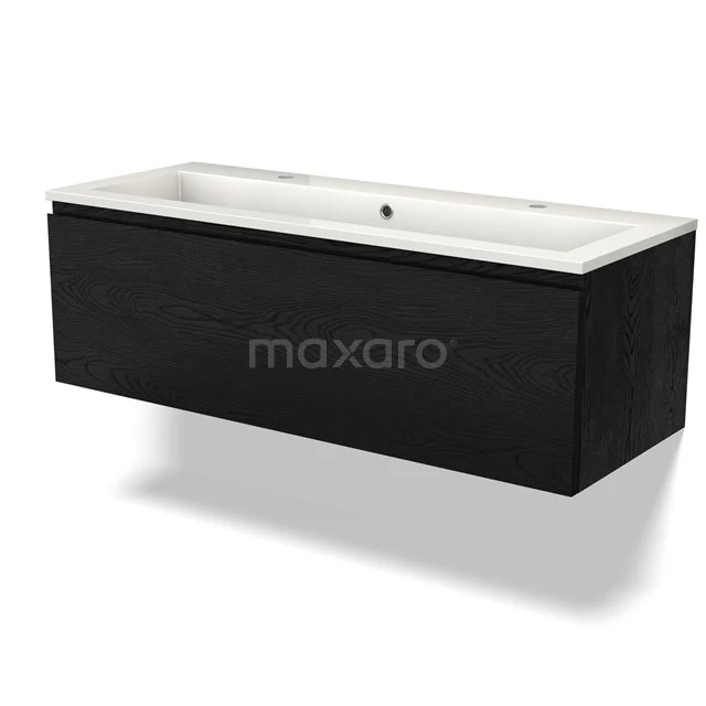 Black wooden vanity unit with white ceramic sink, minimalist design, ideal as a modern bathroom solution.