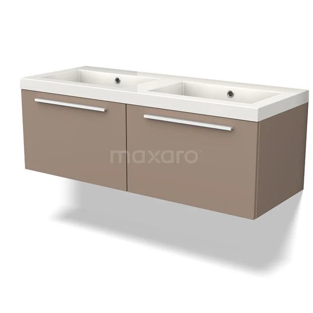 Hängendes Waschtischmöbel mit Doppelwaschbecken, taupe Fronten und schlichten Designgriffen, perfekt für das moderne Badezimmer.