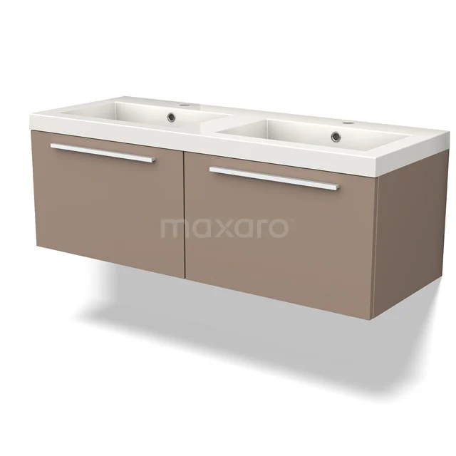 Zwevend dubbel wastafelmeubel in taupe met strakke ladengrepen, modern design voor een stijlvolle badkamer.