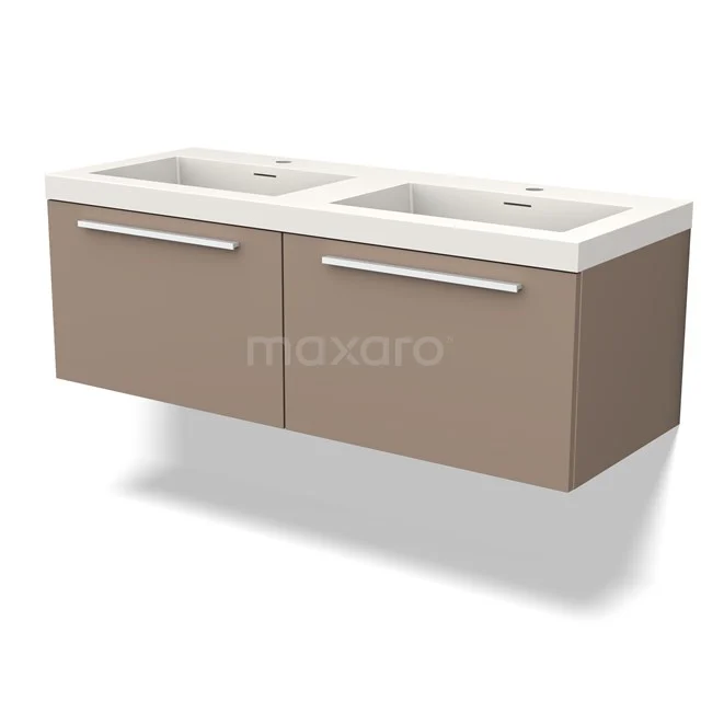 Bruin-wit zwevend badkamermeubel met dubbele wasbak, strakke lijnen en metalen grepen, ideaal voor moderne badkamers.