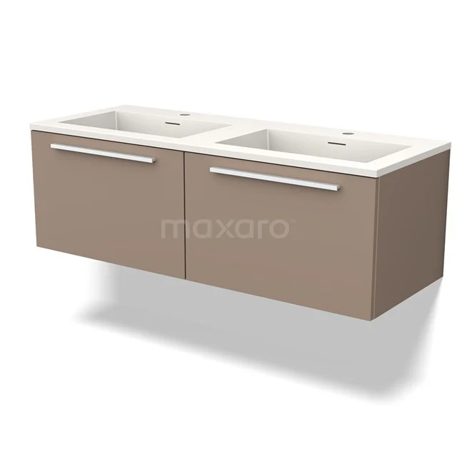 Beige Doppelwaschbecken mit matter Oberfläche, Softclose Schubladen und modernem Design, perfekt für eine stilvolle Badezimmerindeling.