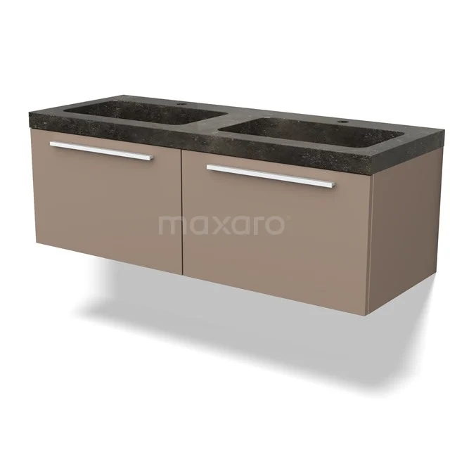 Bruine hangende badkamermeubelset met dubbel zwart wastafelblad, minimalistisch ontwerp en metalen grepen.