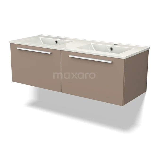 Bruin zwevend badkamermeubel met dubbele wastafel, strakke mat afwerking en moderne metalen handgrepen.