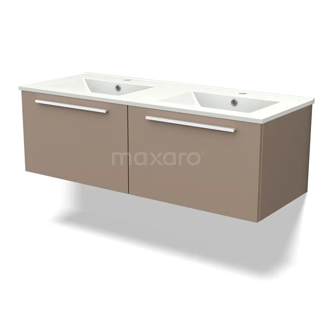 Hangend taupe badkamermeubel met dubbele wastafel, strakke handgrepen en moderne uitstraling voor stijlvolle badkamers.