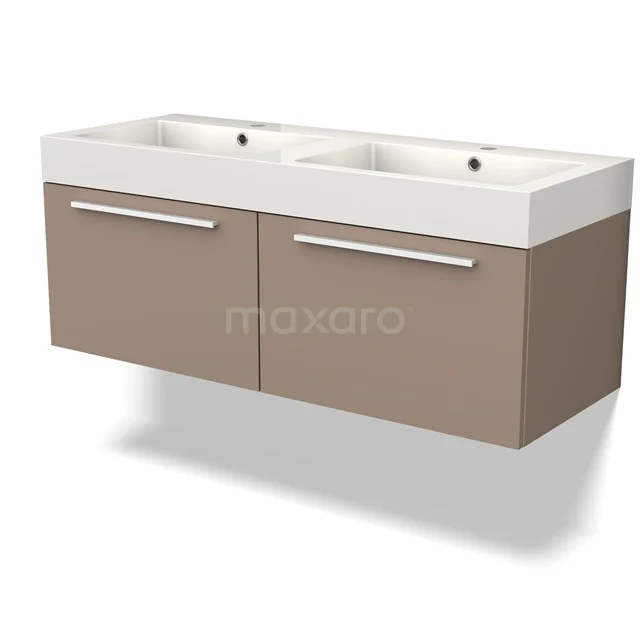 Bruine dubbele wastafelonderkast met witte waskommen, modern design, ideaal voor een stijlvolle badkamer.