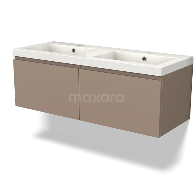 Bruine dubbele wastafelmeubel met witte keramische wasbakken, modern design en geschikt voor stijlvolle badkamers.