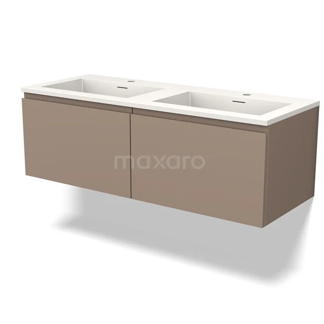 Beige hangend badkamermeubel met dubbele wastafel, modern ontwerp, ideaal voor luxe badkamerinrichting.