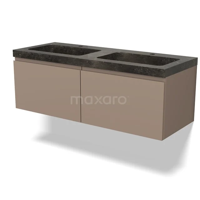 Bruine zwevende badkamerkast met dubbele zwarte wastafel, modern design, geschikt voor stijlvolle badkameropslag.
