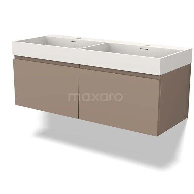 Bruine dubbele wastafelonderkast met witte keramische wastafel, modern design, ideaal voor badkameropberging.