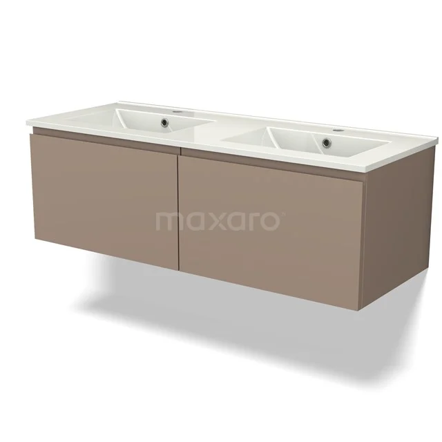 Dubbele wastafel met lichtbruine hangkast, keramische wasbakken en strak design; ideaal voor moderne badkamers.