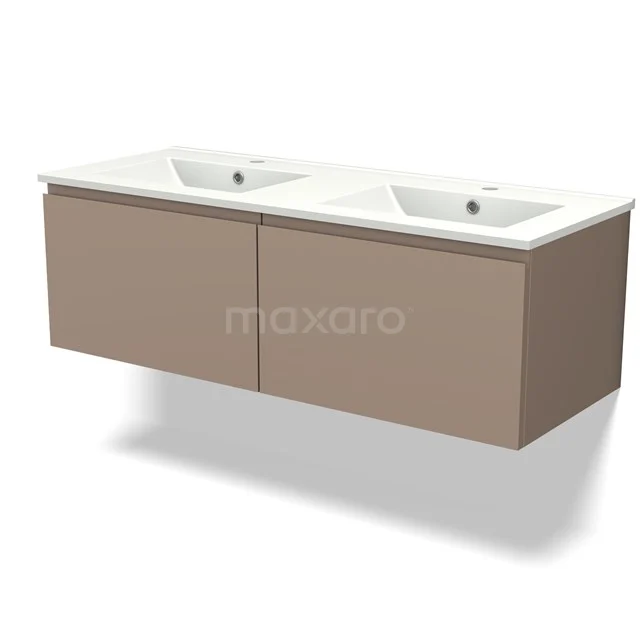 Tweepersoons hangend wastafelmeubel in taupekleur met witte keramische wastafel, modern design voor badkamer.
