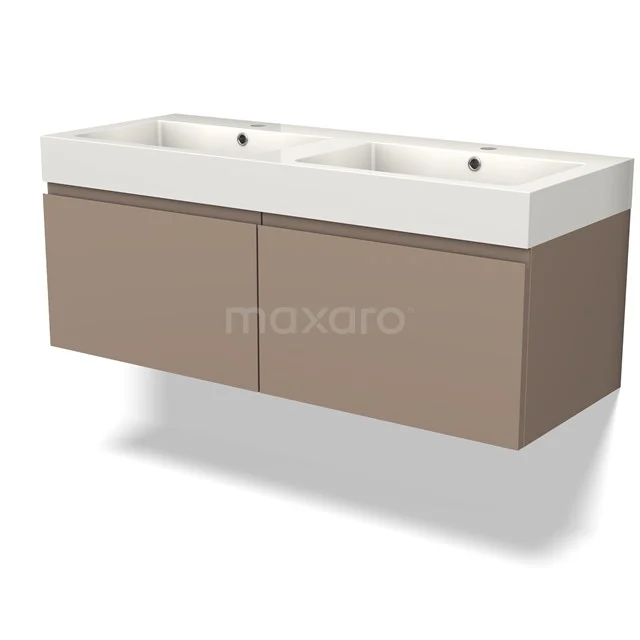 Twee wastafelmeubels met beige kast en witte keramische dubbele spoelbak, modern badkamerdesign.
