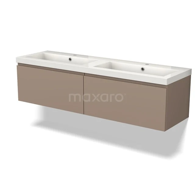 Moderne wastafelmeubelset met dubbele witte keramische wastafel en taupe kast, ideaal voor een stijlvolle badkamerinrichting.