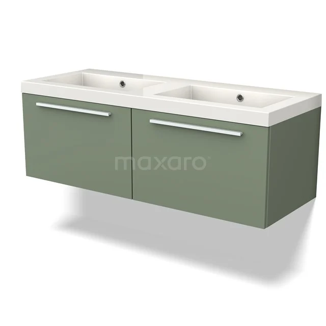 Dubbel wastafelmeubel groen mat met lades, modern zwevend design, perfect voor stijlvolle badkameropslag.