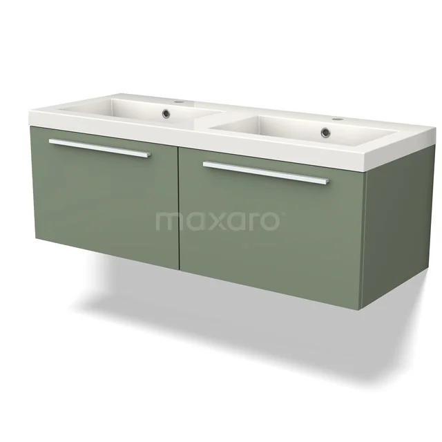 Groene dubbele wastafel met witte keramische waskom, modern zwevend design en metalen handgrepen, perfect voor de badkamer.