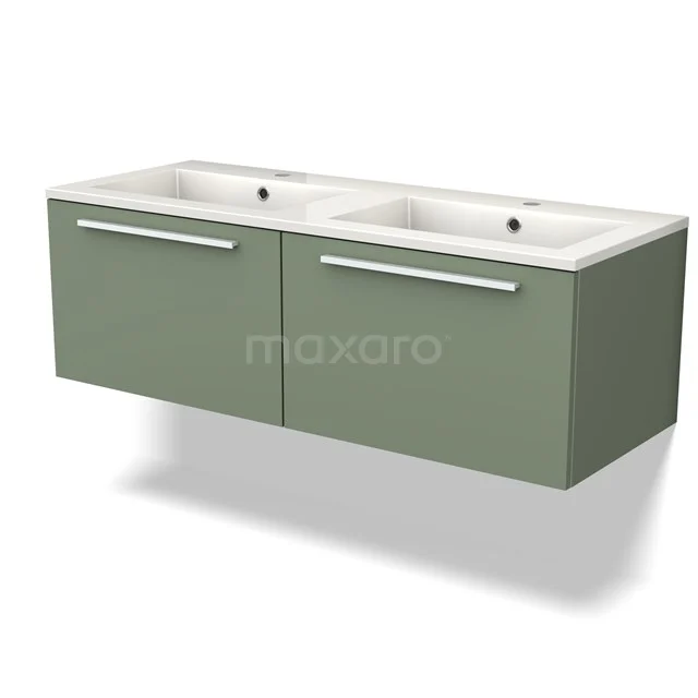 Green double basin base cabinet with white ceramic sink, for wall mounting. Modern bathroom unit with clean lines.