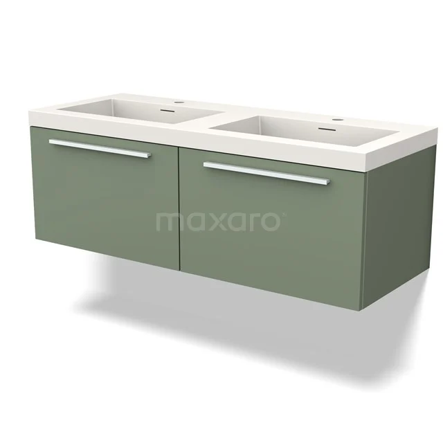 Groene badkamermeubel met dubbele wastafel, modern ontwerp, mat afwerking, ideaal voor een stijlvolle en functionele badkamer.