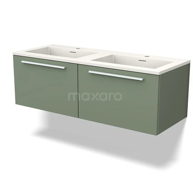 Groene dubbele wastafel met mat afwerking, modern ontwerp en twee geïntegreerde lades, ideaal voor een stijlvolle badkamer.