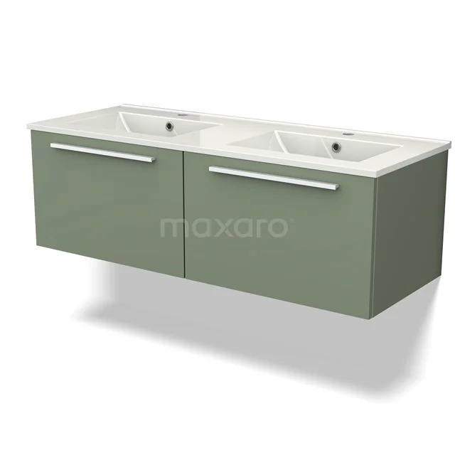 Groen Zwevend Badkamermeubel met dubbele wastafel, strakke handgrepen en veelzijdig design voor moderne badkamers.