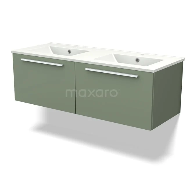 Olijfgroen badkamermeubel met dubbel wastafelblad, modern design met geïntegreerde handgrepen, ideaal voor een stijlvolle badkamer.
