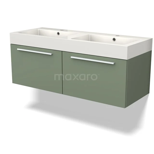 Green double basin base cabinet with white ceramic sinks, ideal for a modern bathroom design.
