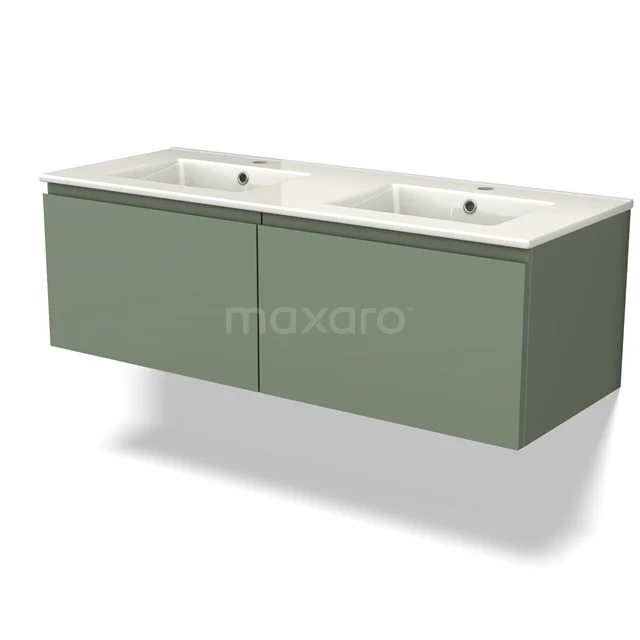 Grünes Badmöbel mit doppeltem weißen Waschbecken, schlankes Design und schwebendem Modell, ideal für einen modernen Badezimmerstil.