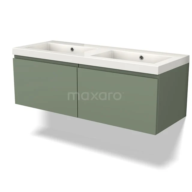 Matgroen badkamermeubel met dubbele wastafel, modern design en greeploze lades, perfect voor stijlvolle badkamerinrichting.
