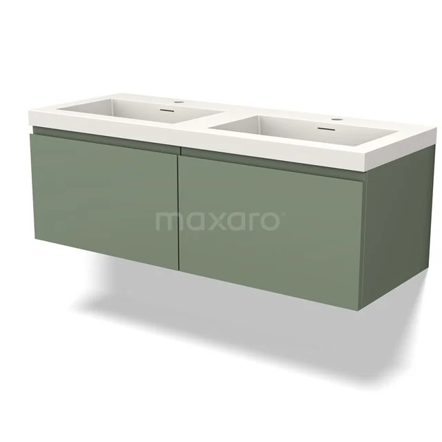 Groene badkamermeubel met dubbele wastafel, stijlvol zwevend design en hoogwaardige afwerking, ideaal voor een moderne badkamer.