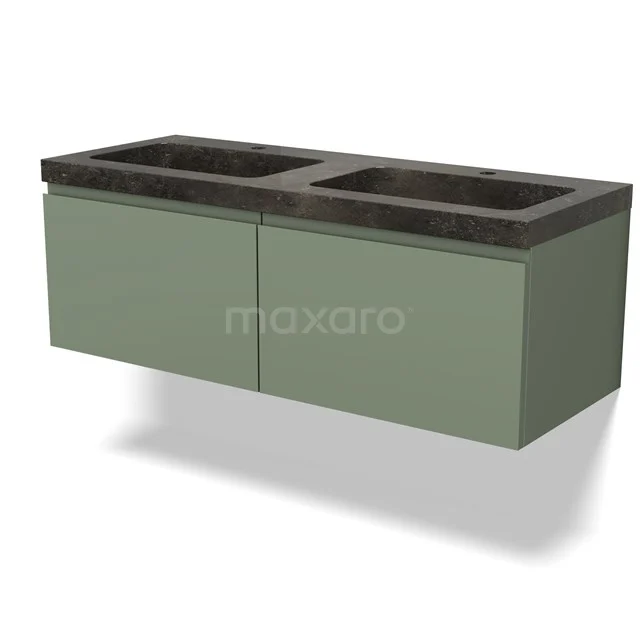Groene badkamermeubel met dubbele wastafel, zwarte stenen blad en minimalistisch design, ideaal voor moderne badkamers.
