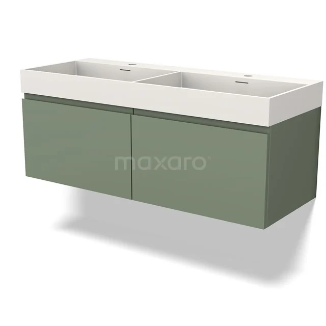 Dubbele groene badkamermeubelset met witte wastafel, modern design, ideaal voor stijlvolle en functionele badkamerinrichting.