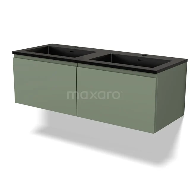 Groene dubbele wastafelmeubel met zwarte bovenplaat, modern ontwerp, ideaal voor stijlvolle badkamerinrichting.