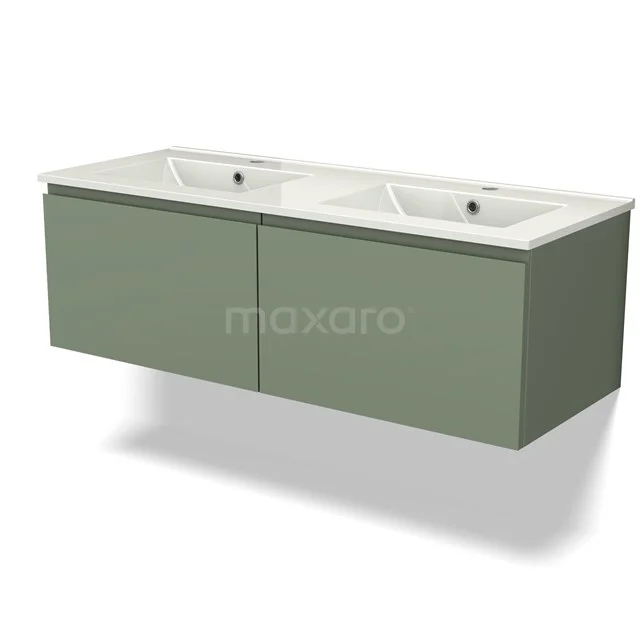 Groen badkamermeubel met dubbele wastafel, minimalistisch design, hangend model, ideaal voor een moderne badkamer.