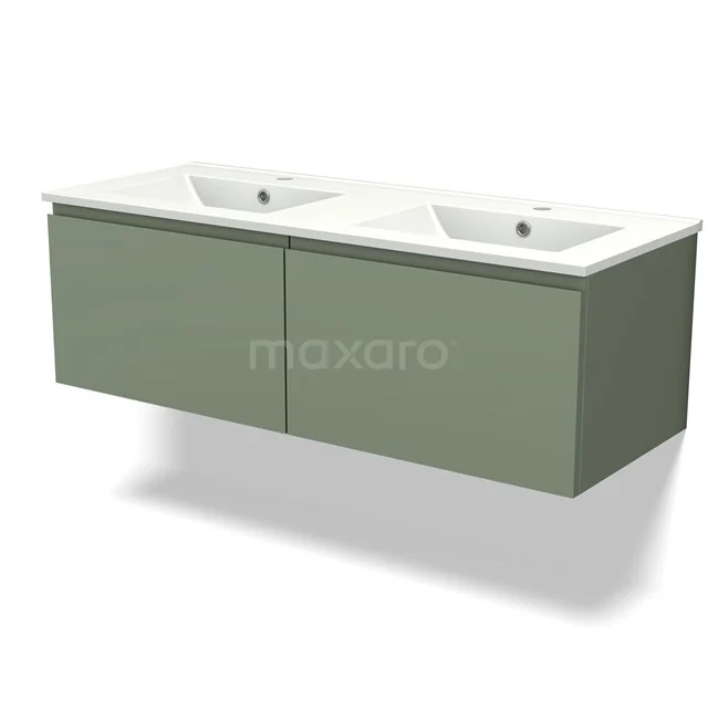 Double basin with green hanging bathroom unit, matte finish, modern design for a stylish bathroom.