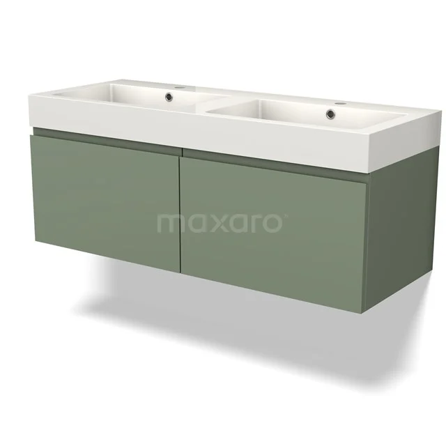 Groene dubbele wastafelmeubel met keramische witte wasbak, wandmontage, moderne badkamerstijl.
