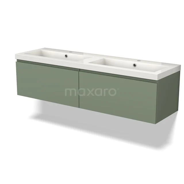 Grünes Badezimmermöbel mit Doppelwaschbecken, modernes Design, Wandmontage, ideal für ein stilvolles und organisiertes Badezimmer.