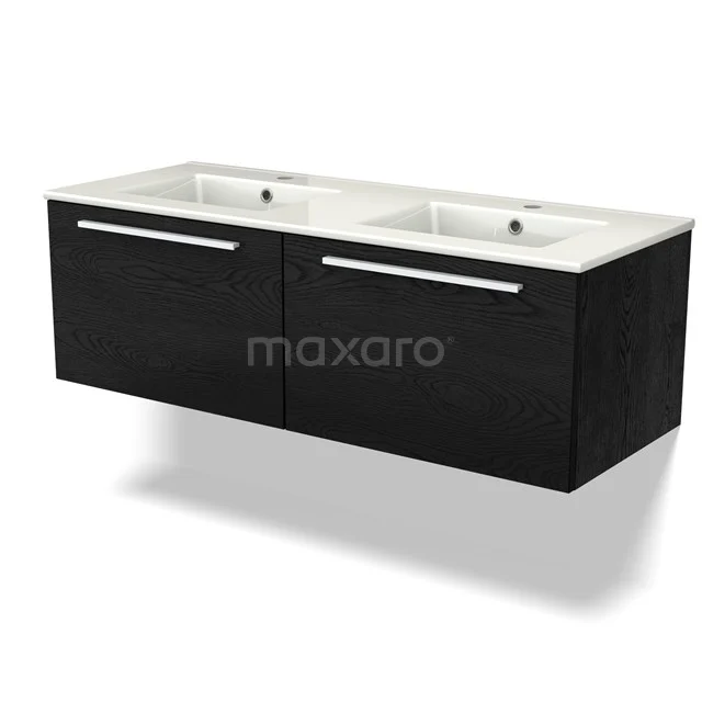 Black bathroom unit with double basin, modern finish and metal handles, ideal for stylish bathrooms.