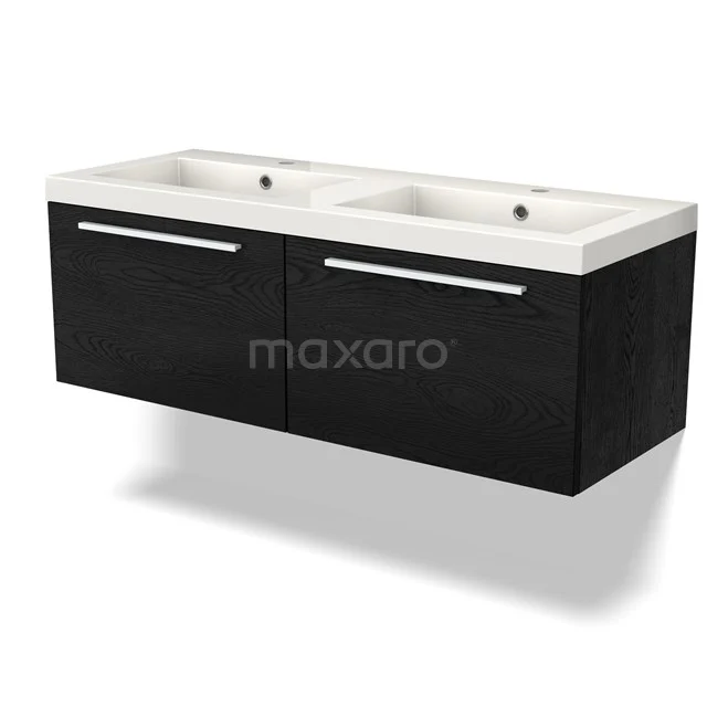 Zwarte dubbele wastafelonderkast met een hoogglans afwerking, moderne handgrepen en een keramische wasbak voor de badkamer.
