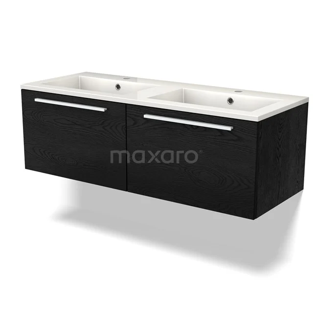 Dubbele zwarte badkamermeubelset met een wit keramisch wastafelblad en moderne chromen handgrepen, ideaal voor eigentijdse badkamers.