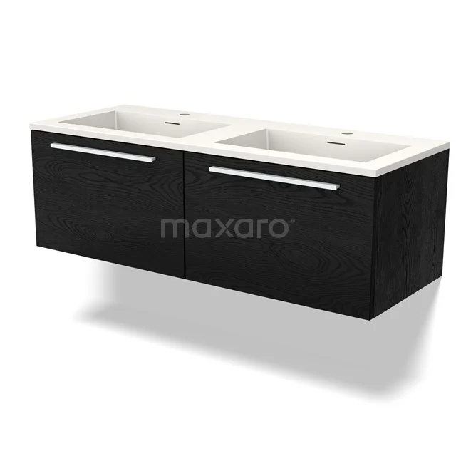 Doppelte schwarze Badmöbelset mit weißem keramischen Waschbecken und modernen Haltegriffen, ideal für stilvolle Badezimmergestaltung.