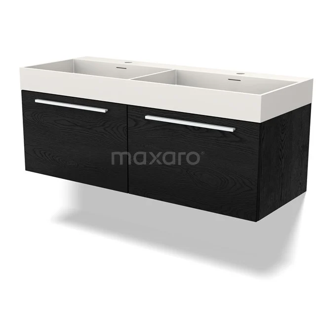 Double basin black bathroom furniture set with white ceramic basin, sleek design and metal handles.