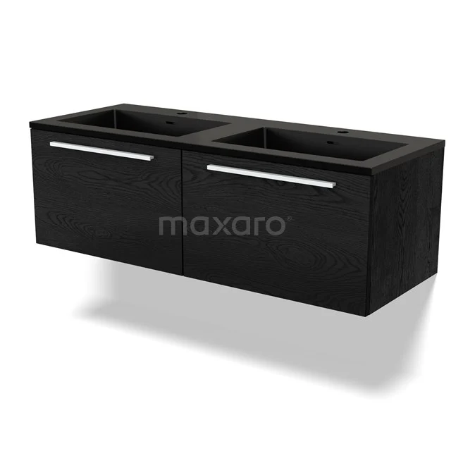 Zwarte badkamermeubel met twee lades en strakke chroomkleurige handgrepen, ideaal voor een moderne badkamerinrichting.