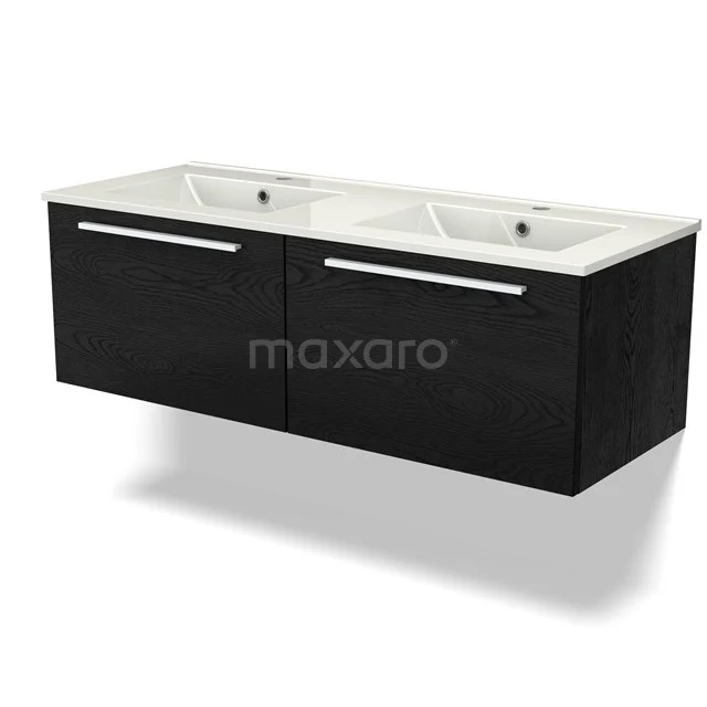 Black double basin with ceramic sink, modern design, ideal for stylish bathroom design.