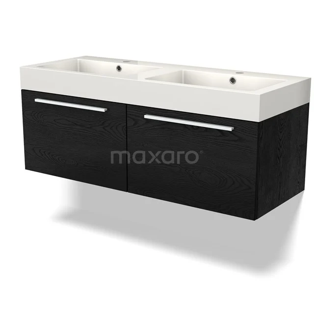 Waschtisch mit Unterschrank BMW12-00936 Doppelte schwarze Badmöbelset mit zwei weißen Waschbecken, schlichten metallischen Haltegriffen und modernem minimalistischem Design.