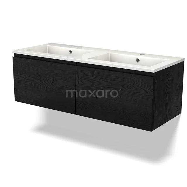 Dubbele zwarte badkamermeubelset met slank design, witte waskommen en matzwart houtfineer voor een moderne uitstraling.