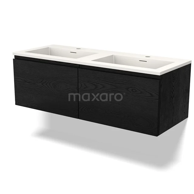 Zwarte badkamermeubelset met dubbele wastafel van keramiek, modern design, perfect voor stijlvolle badkamerruimtes.