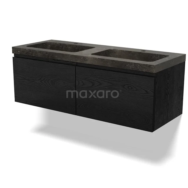 Zwarte houten badkamermeubel met dubbele wastafel van donker natuursteen, modern design.
