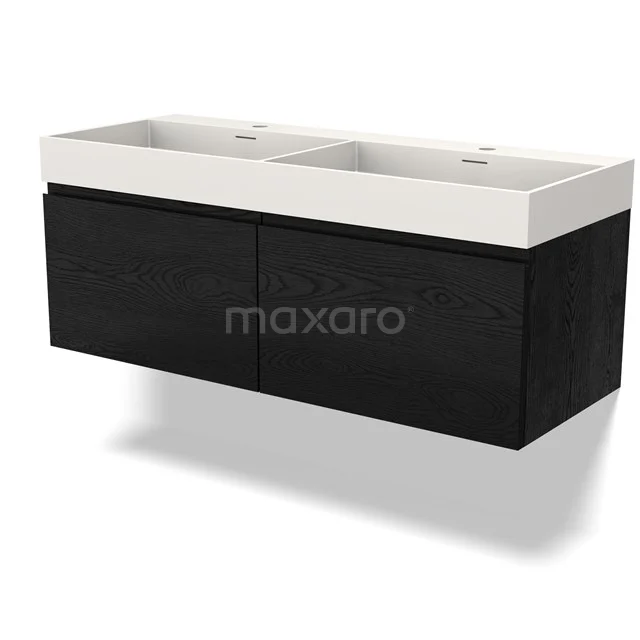 Zwart hangend badkamermeubel met dubbele witte keramische wastafel, strakke moderne vormgeving, ideaal voor ruime badkamers.